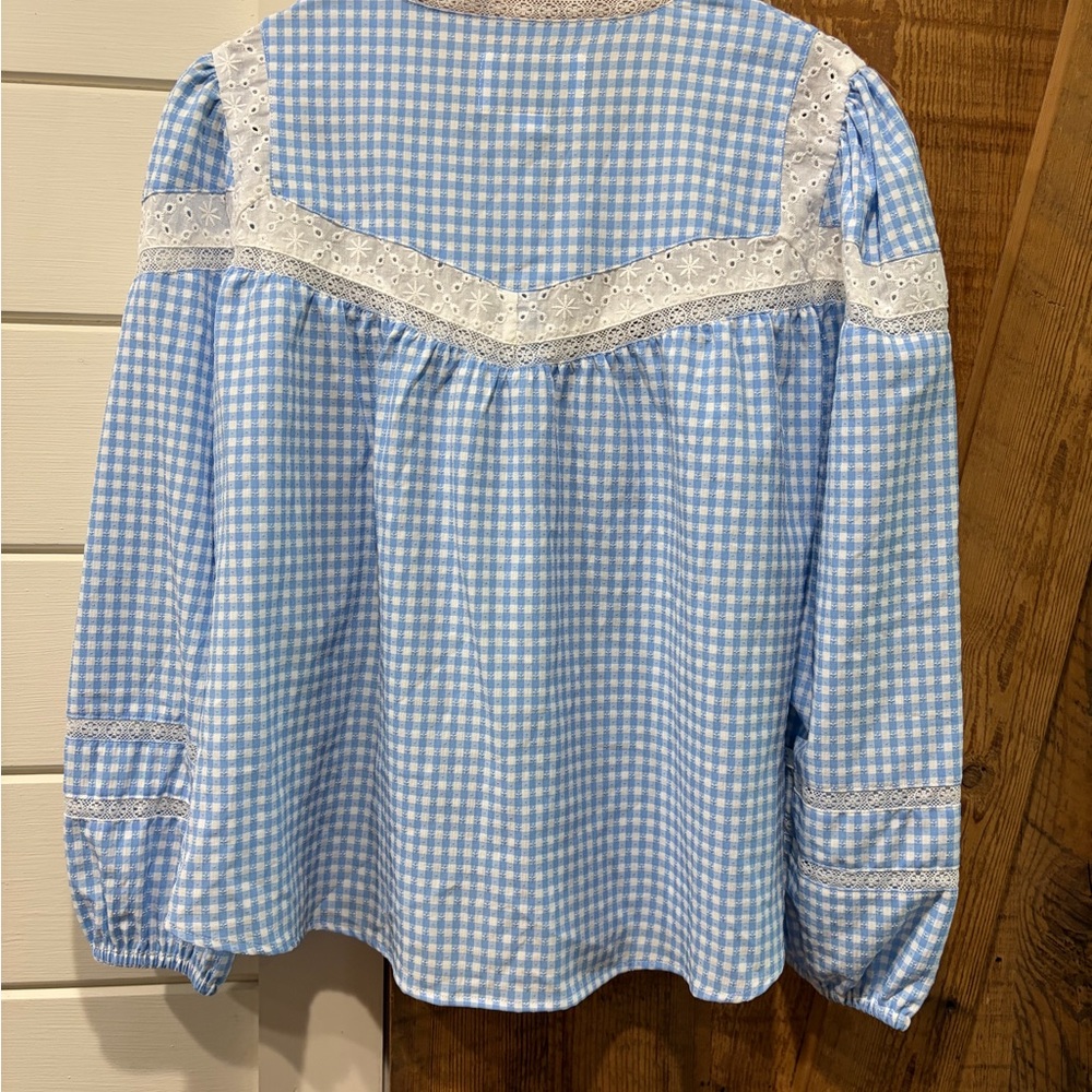 The Shirt by Rochelle Behrens Light Blue & White Gingham Lace-Trim Blouse - Picture 6 of 6